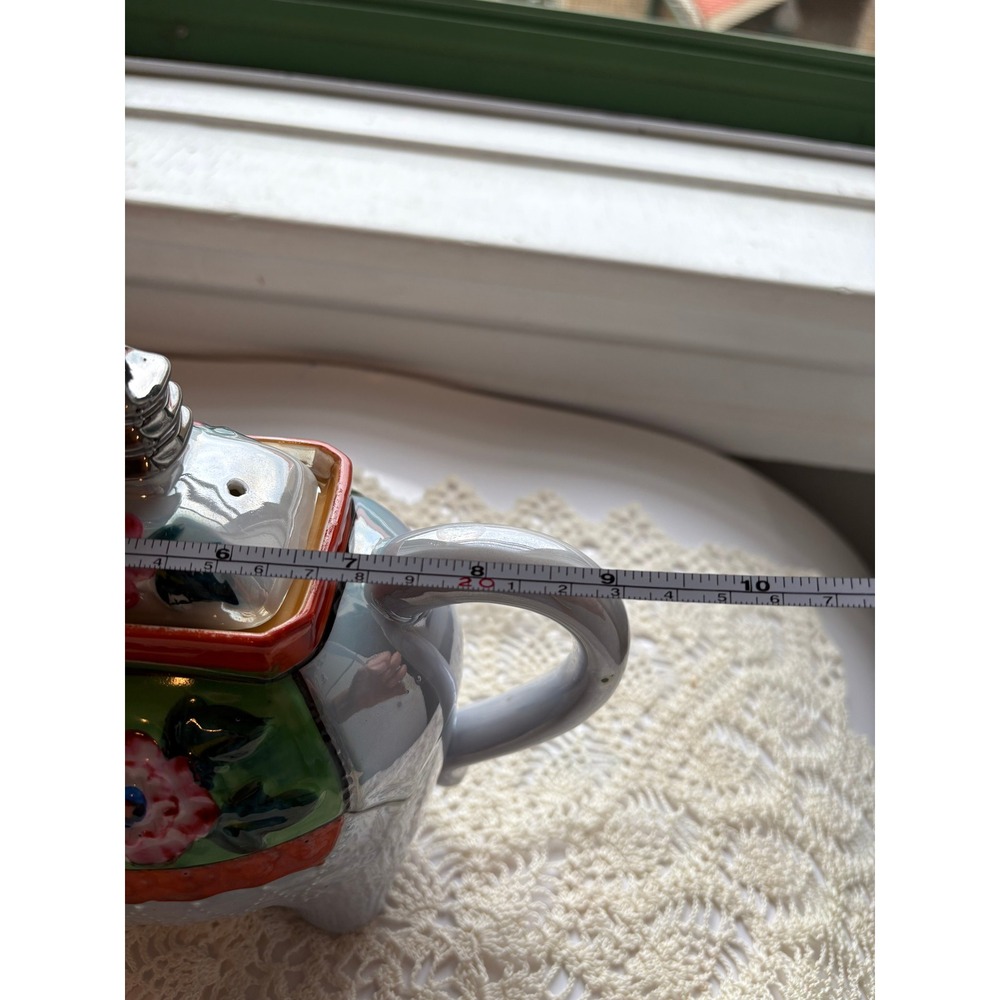 Vintage Elephant Teapot Ceramic Iridescent Luster Glaze Floral Grey Boho Decor - Picture 2 of 8